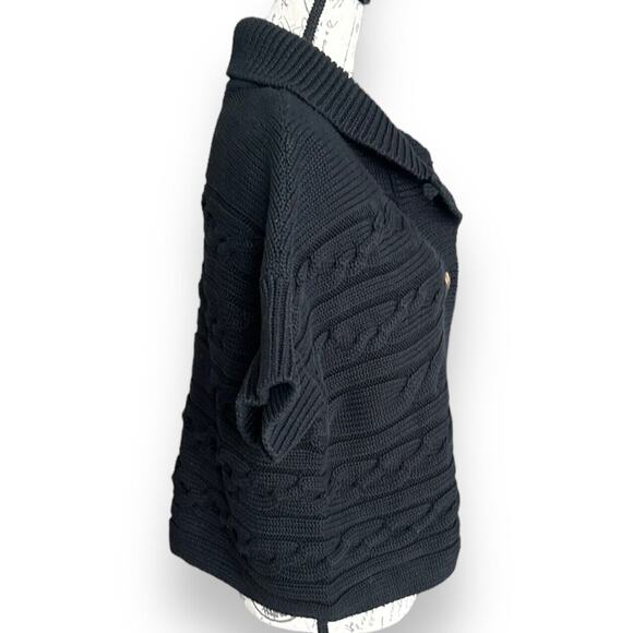 Talbots Black Button Chunky Cable Knit Short Dolman Sleeve Sweater XL Petite - Picture 4 of 6